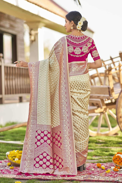 MANOHARI Banarasi Silk Blend Jacquard Work Saree - White - Dista