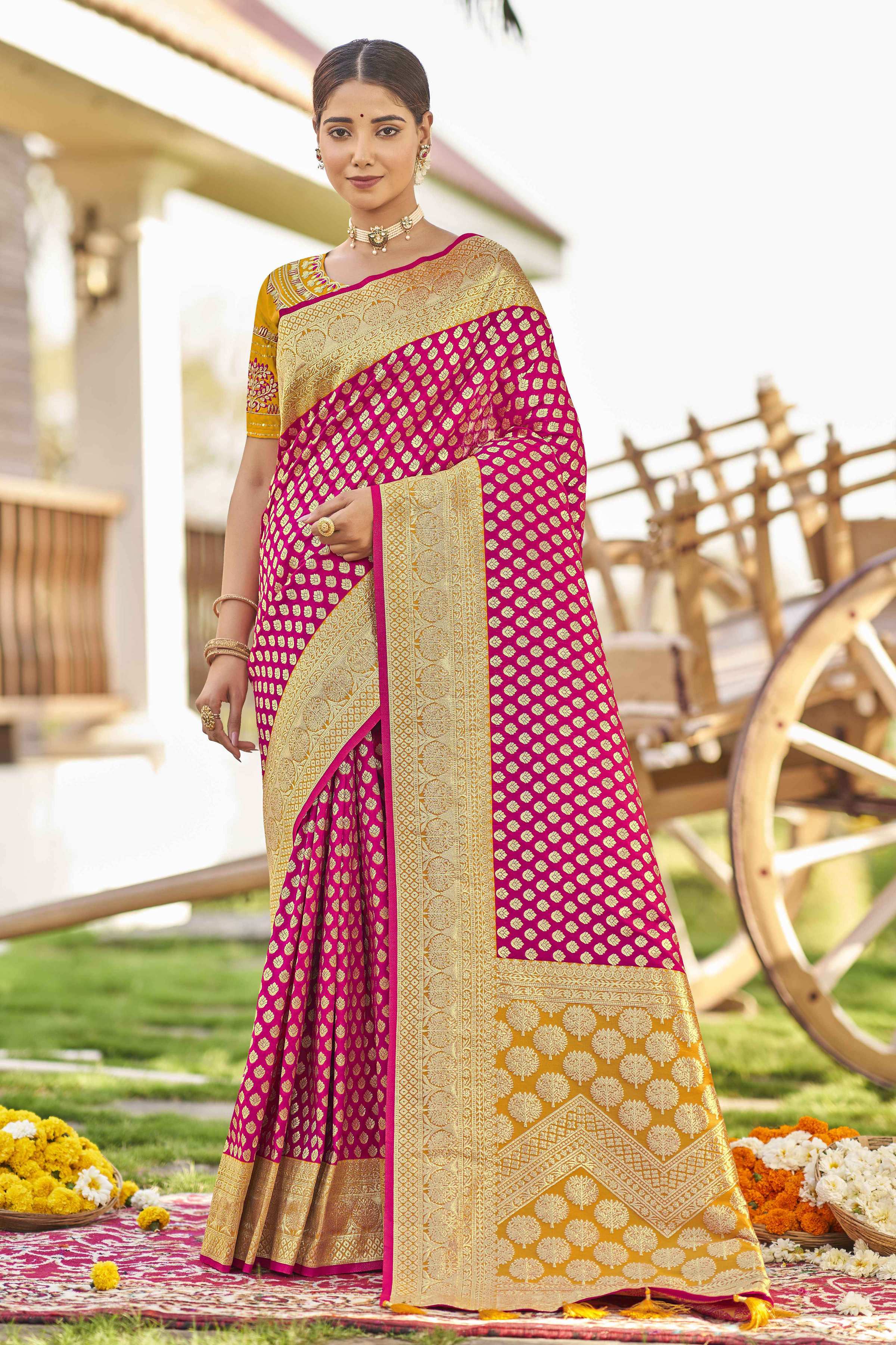 MANOHARI Banarasi Silk Blend Jacquard Work Saree - Pink - Dista