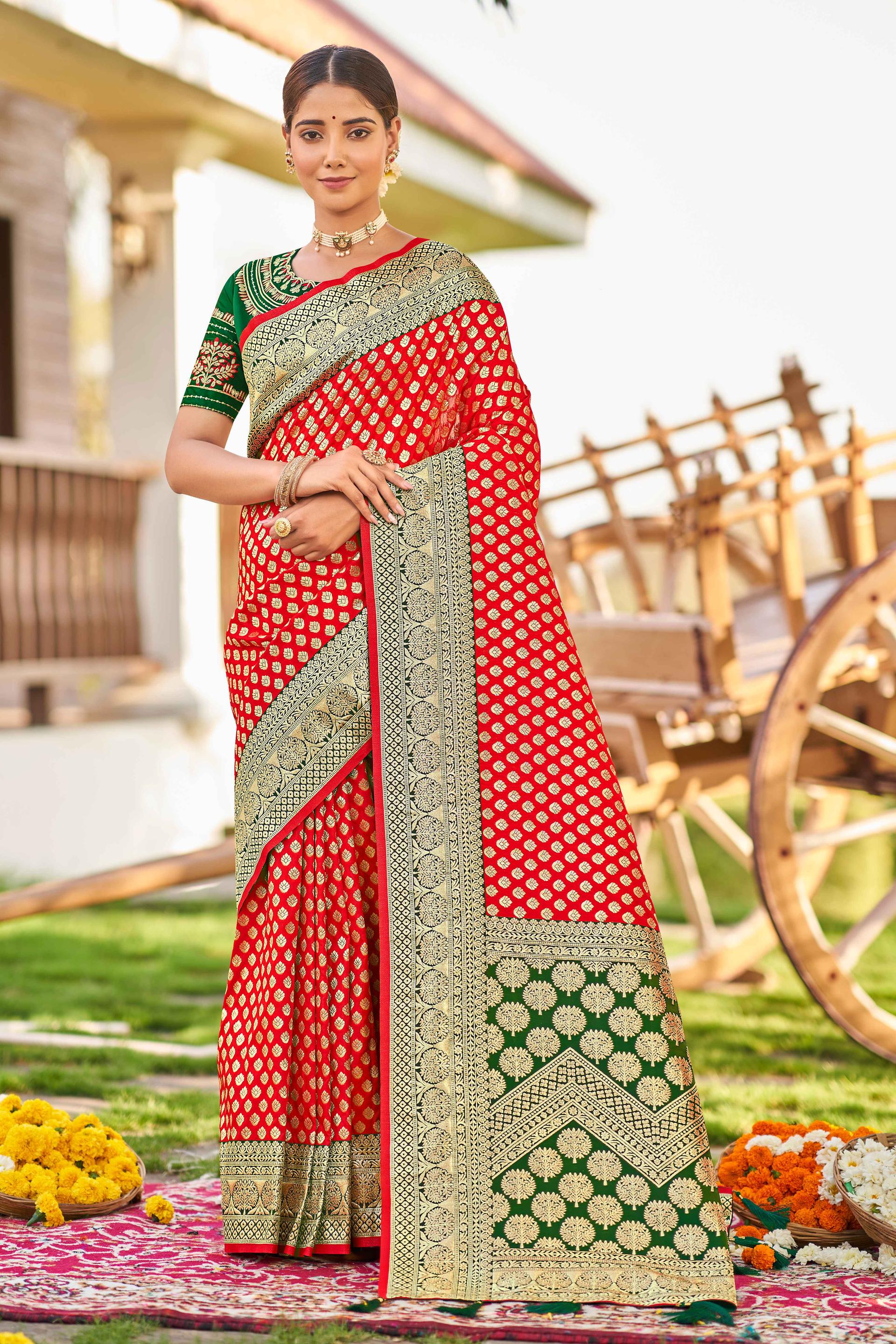 MANOHARI Banarasi Silk Blend Jacquard Work Saree - Red - Dista