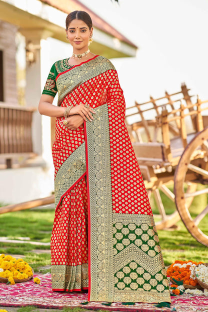 MANOHARI Banarasi Silk Blend Jacquard Work Saree - Red - Dista