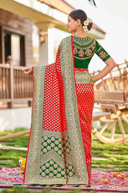 MANOHARI Banarasi Silk Blend Jacquard Work Saree - Red - Dista