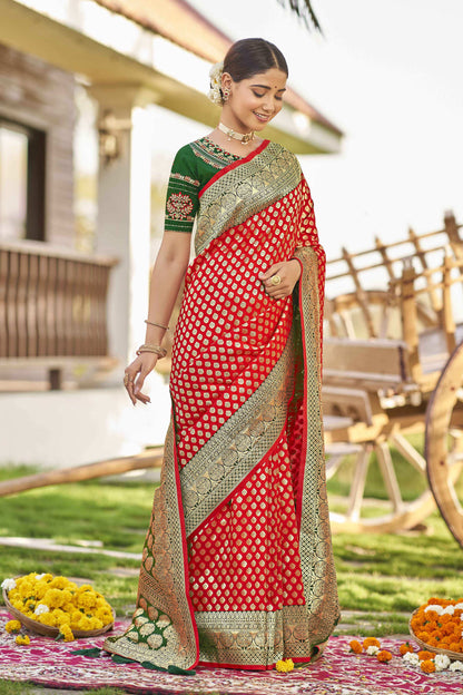 MANOHARI Banarasi Silk Blend Jacquard Work Saree - Red - Dista