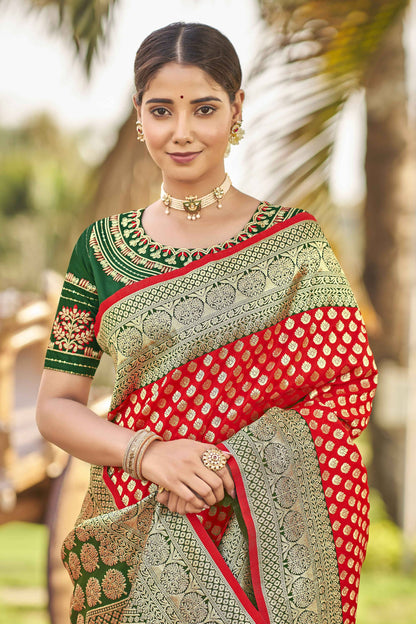 MANOHARI Banarasi Silk Blend Jacquard Work Saree - Red - Dista
