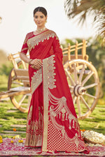 Thumbnail for MANOHARI Banarasi Silk Blend Jacquard Work Saree - Red - Dista