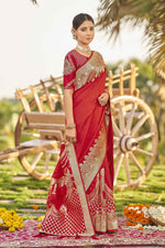 Thumbnail for MANOHARI Banarasi Silk Blend Jacquard Work Saree - Red - Dista