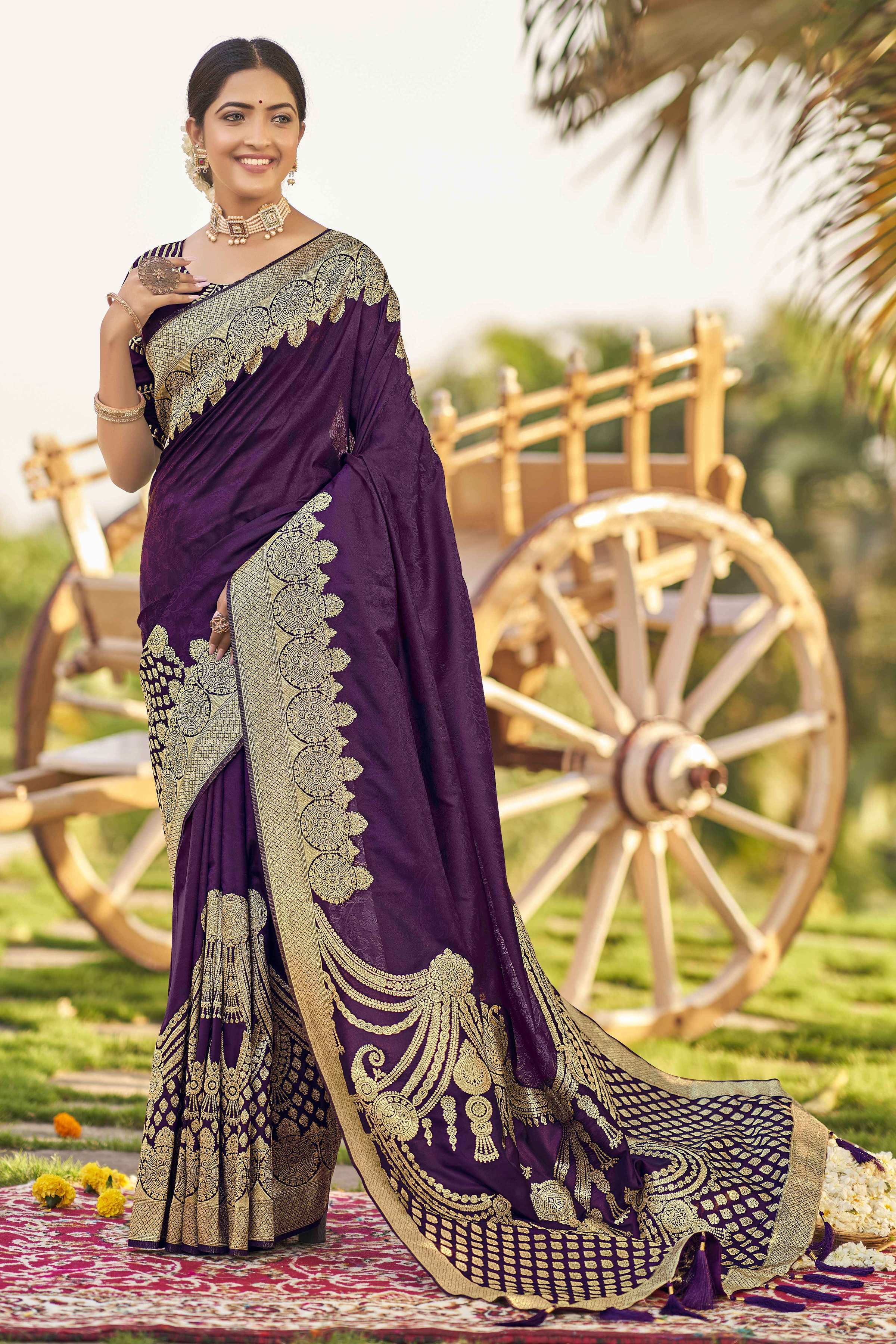 MANOHARI Banarasi Silk Blend Jacquard Work Saree - Purple - Dista