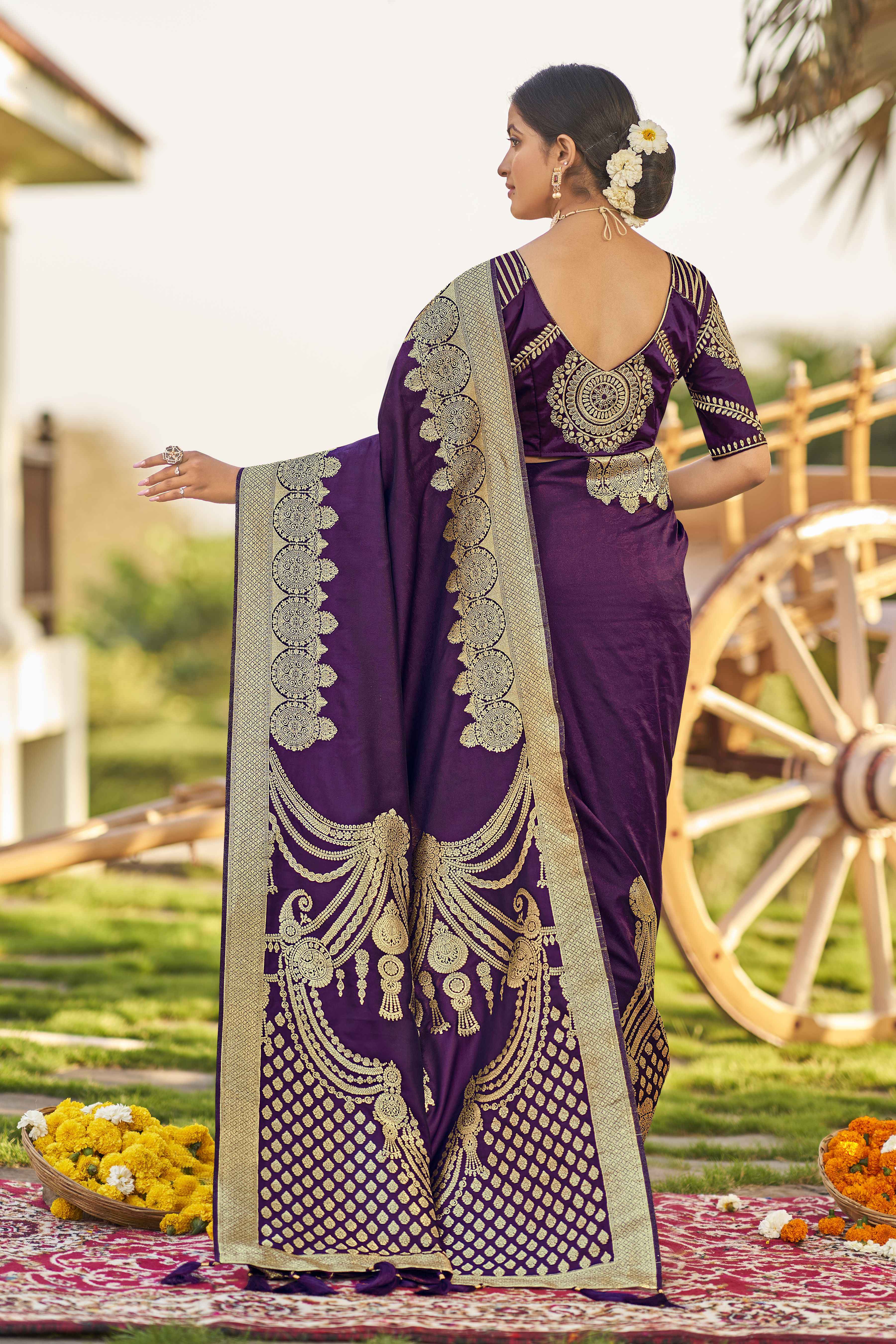 MANOHARI Banarasi Silk Blend Jacquard Work Saree - Purple - Dista