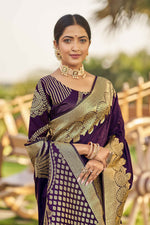 Thumbnail for MANOHARI Banarasi Silk Blend Jacquard Work Saree - Purple - Dista
