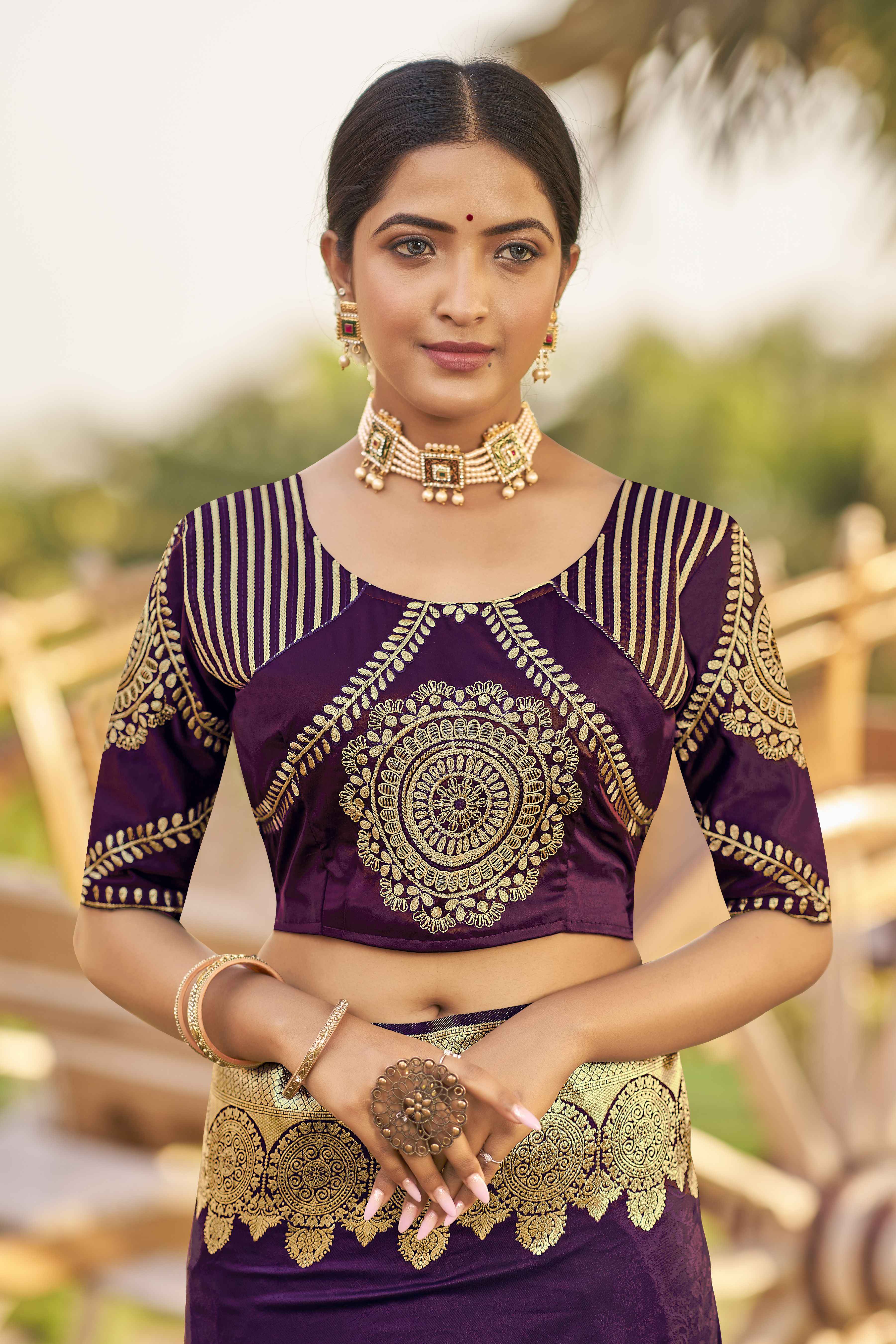 MANOHARI Banarasi Silk Blend Jacquard Work Saree - Purple - Dista
