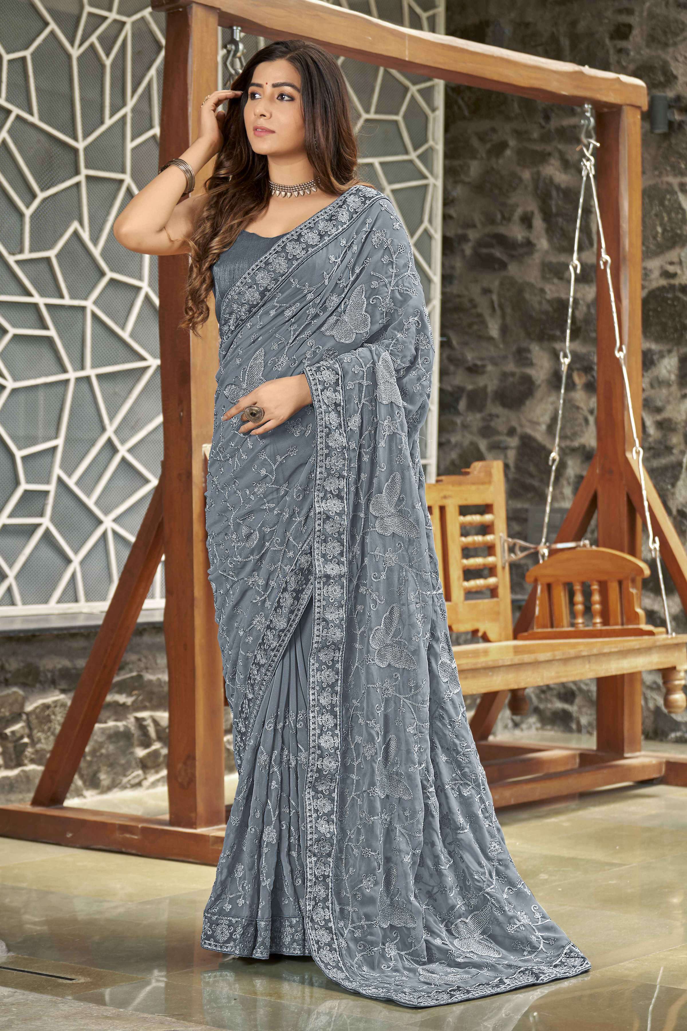 MANOHARI Georgette Embroidered Work Saree - Grey - Dista