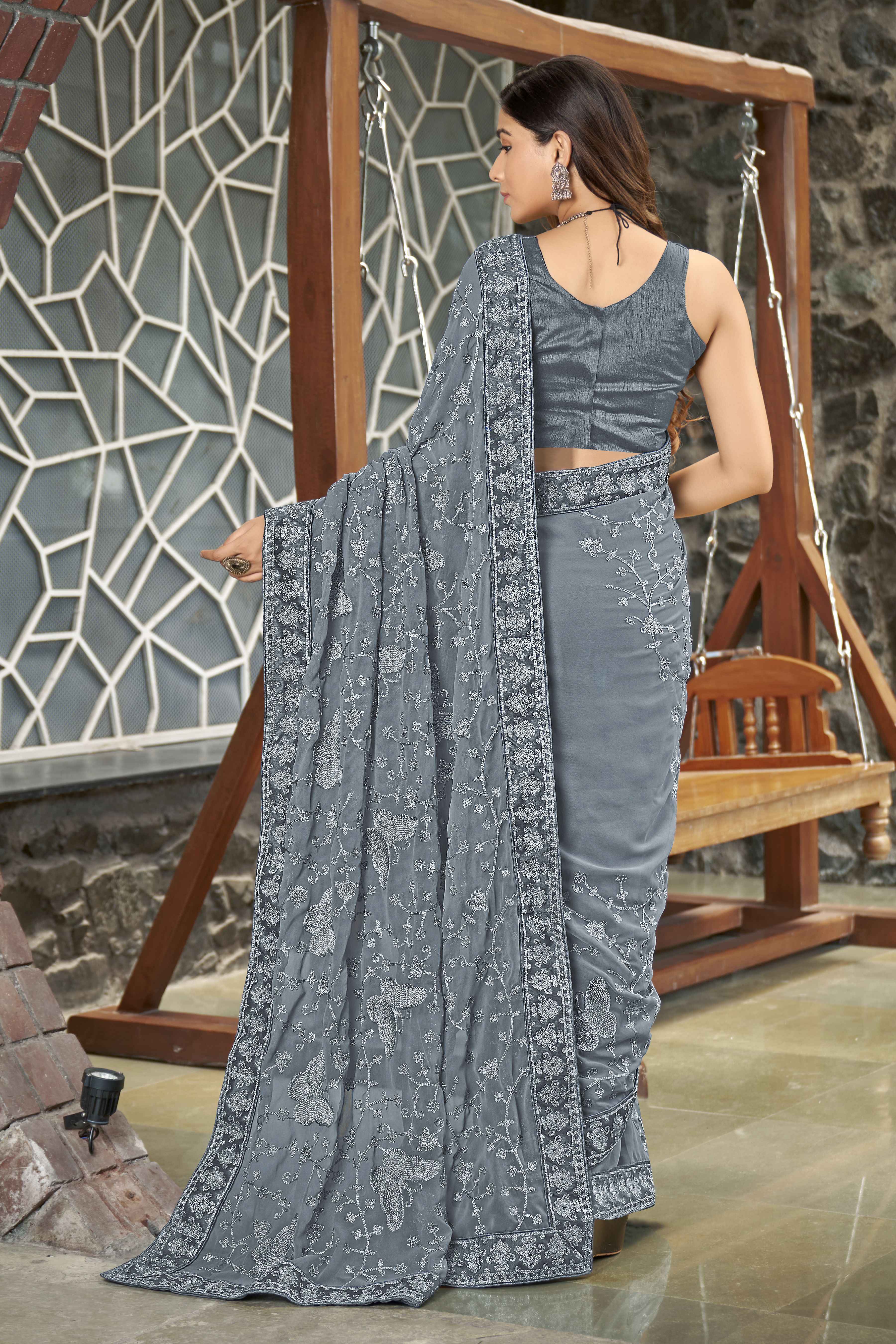 MANOHARI Georgette Embroidered Work Saree - Grey - Dista