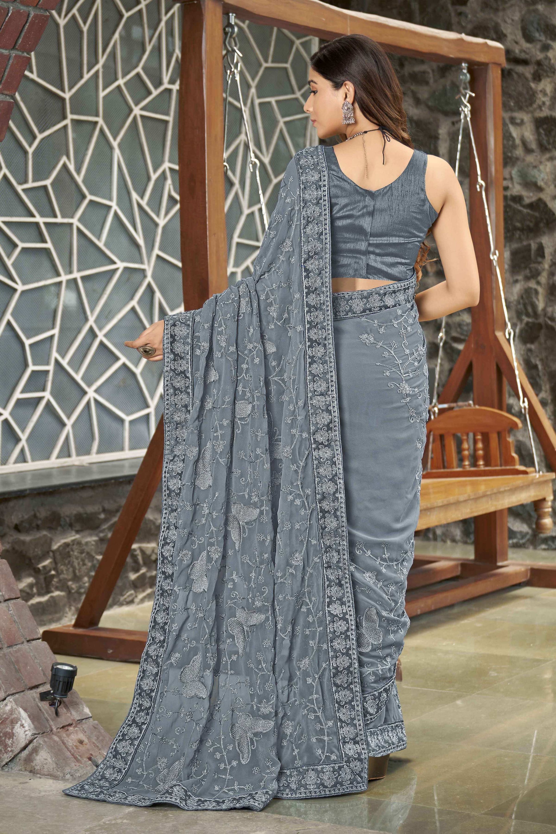 MANOHARI Georgette Embroidered Work Saree - Grey - Dista