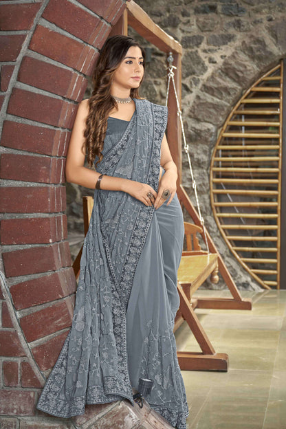 MANOHARI Georgette Embroidered Work Saree - Grey - Dista