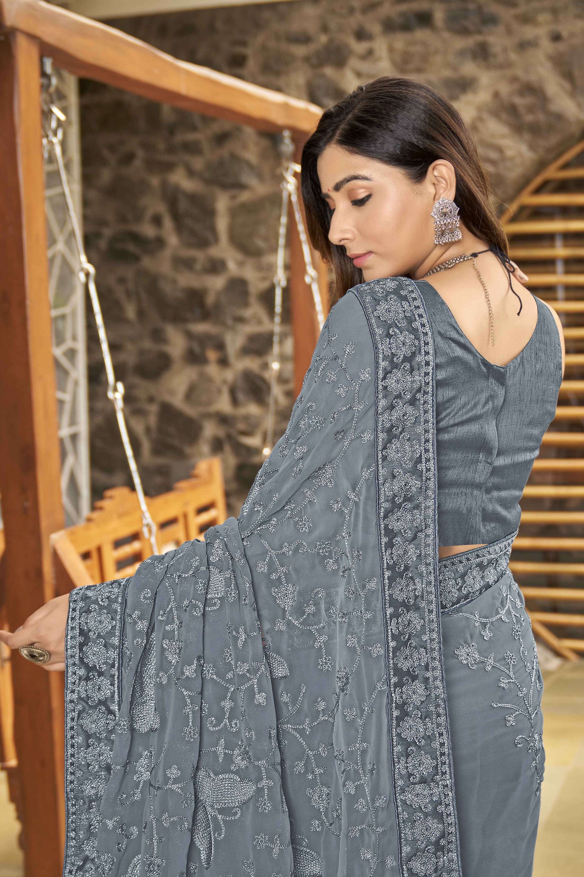 MANOHARI Georgette Embroidered Work Saree - Grey - Dista
