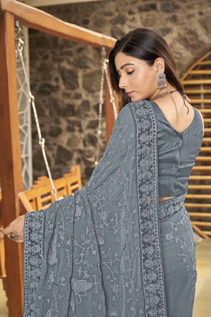 MANOHARI Georgette Embroidered Work Saree - Grey - Dista