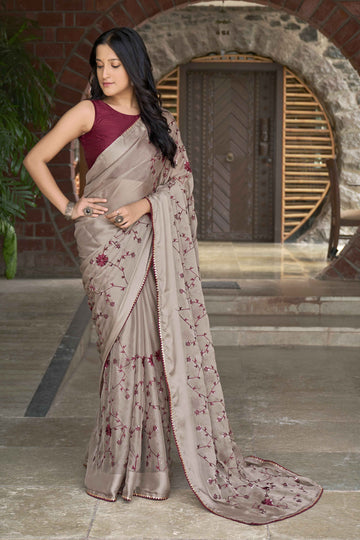 MANOHARI Georgette Embroidered Work Saree - Beige - Dista