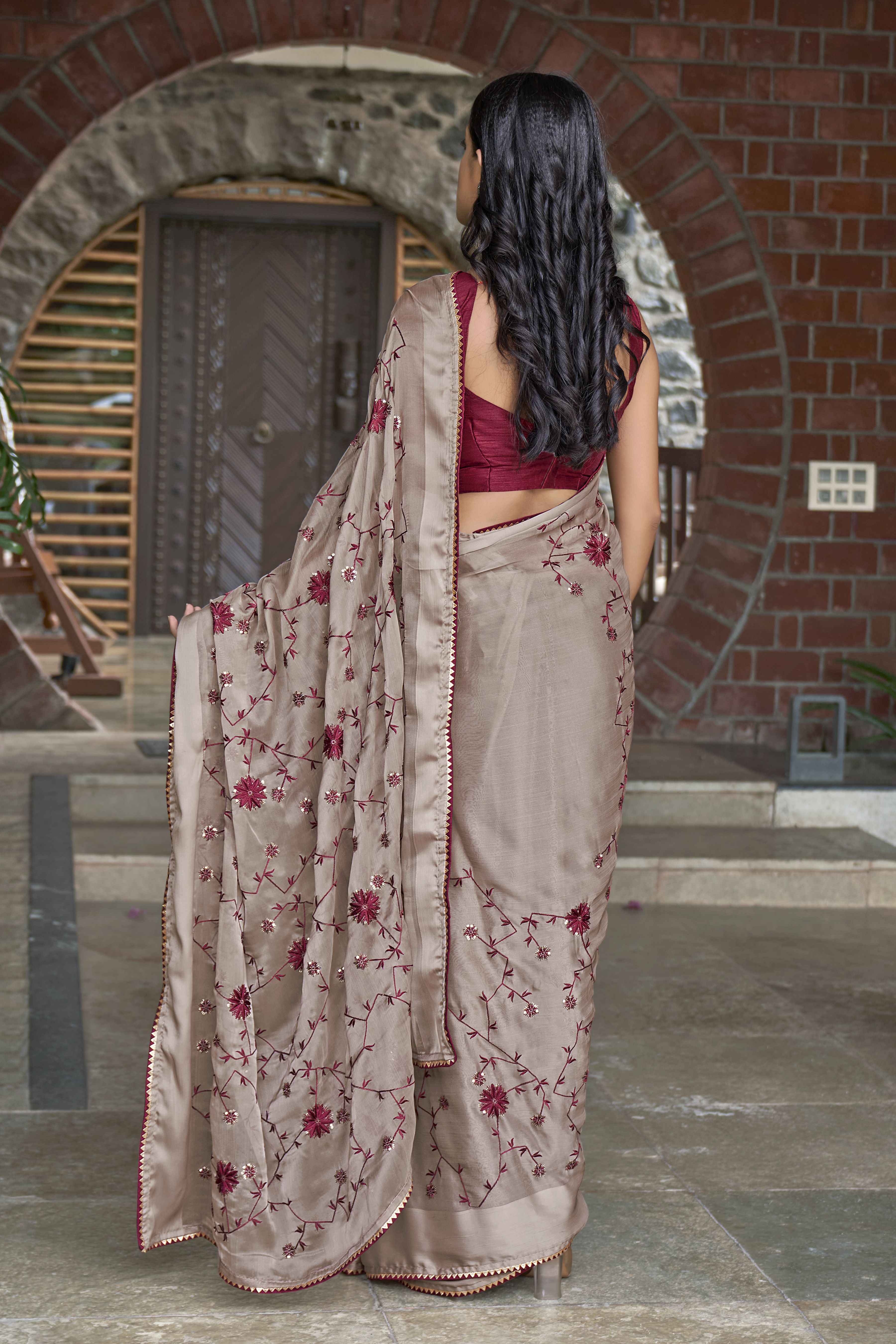 MANOHARI Georgette Embroidered Work Saree - Beige - Dista