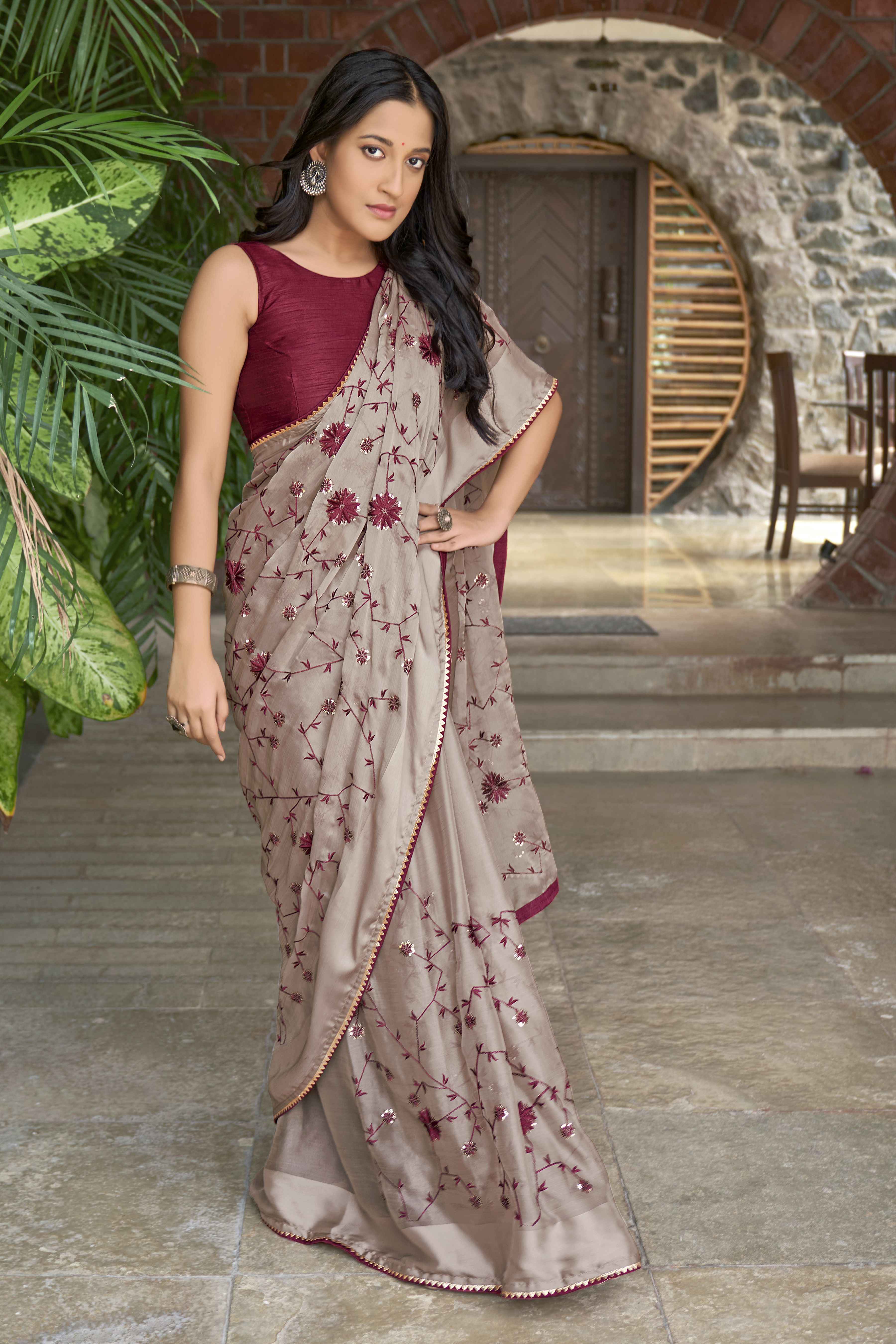 MANOHARI Georgette Embroidered Work Saree - Beige - Dista