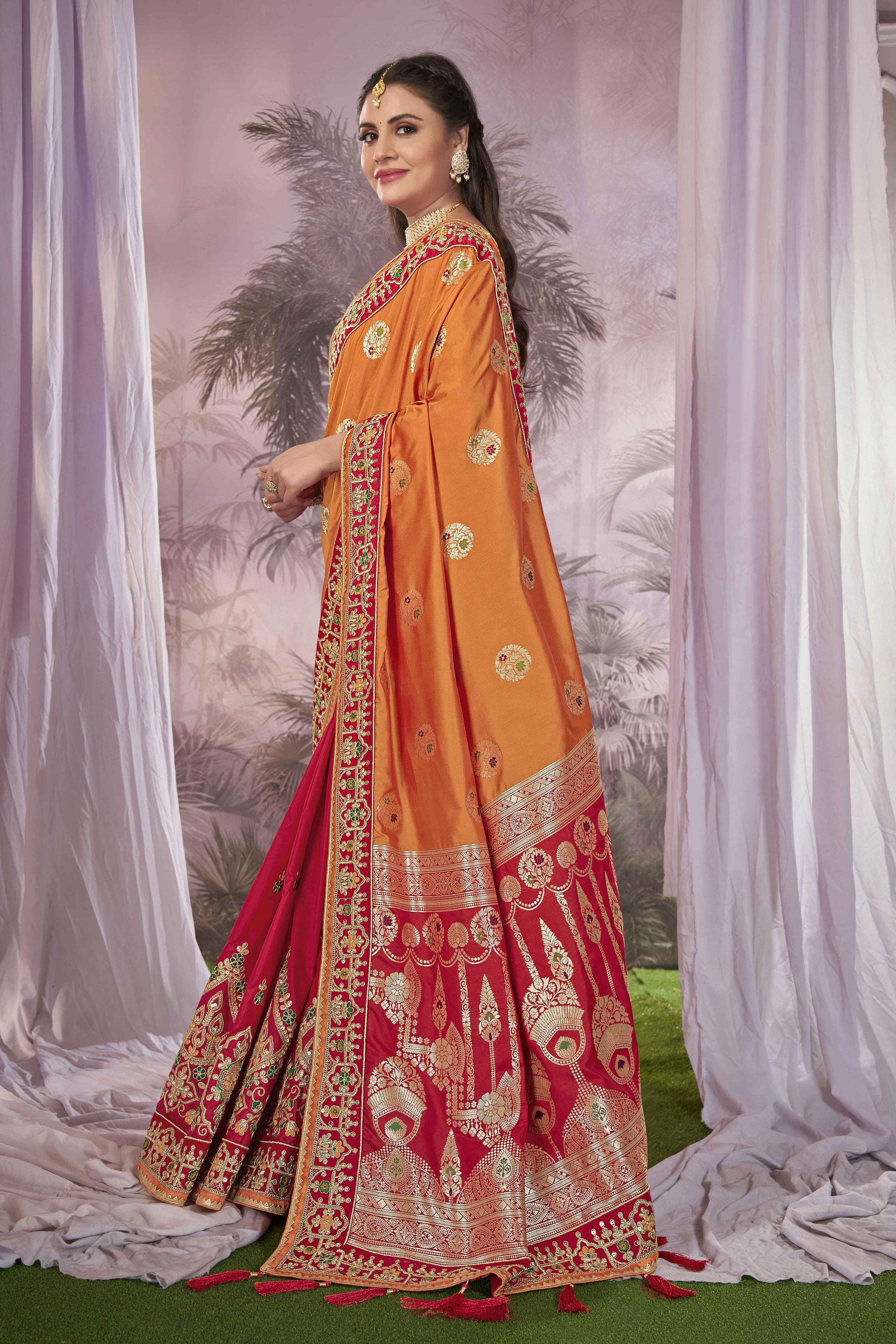MANOHARI Banarasi Silk Blend Jacquard Work Saree - Orange - Dista