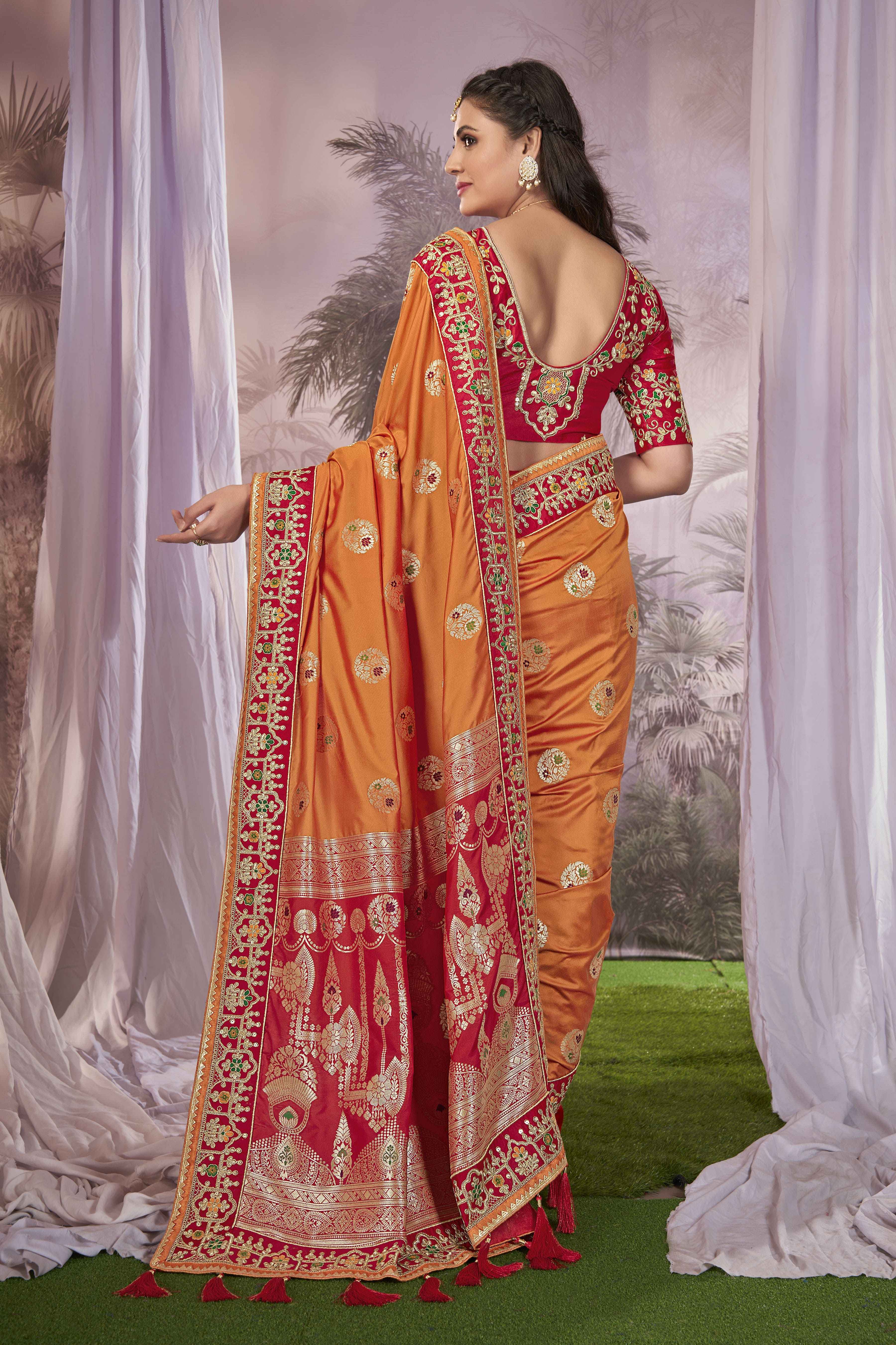 MANOHARI Banarasi Silk Blend Jacquard Work Saree - Orange - Dista