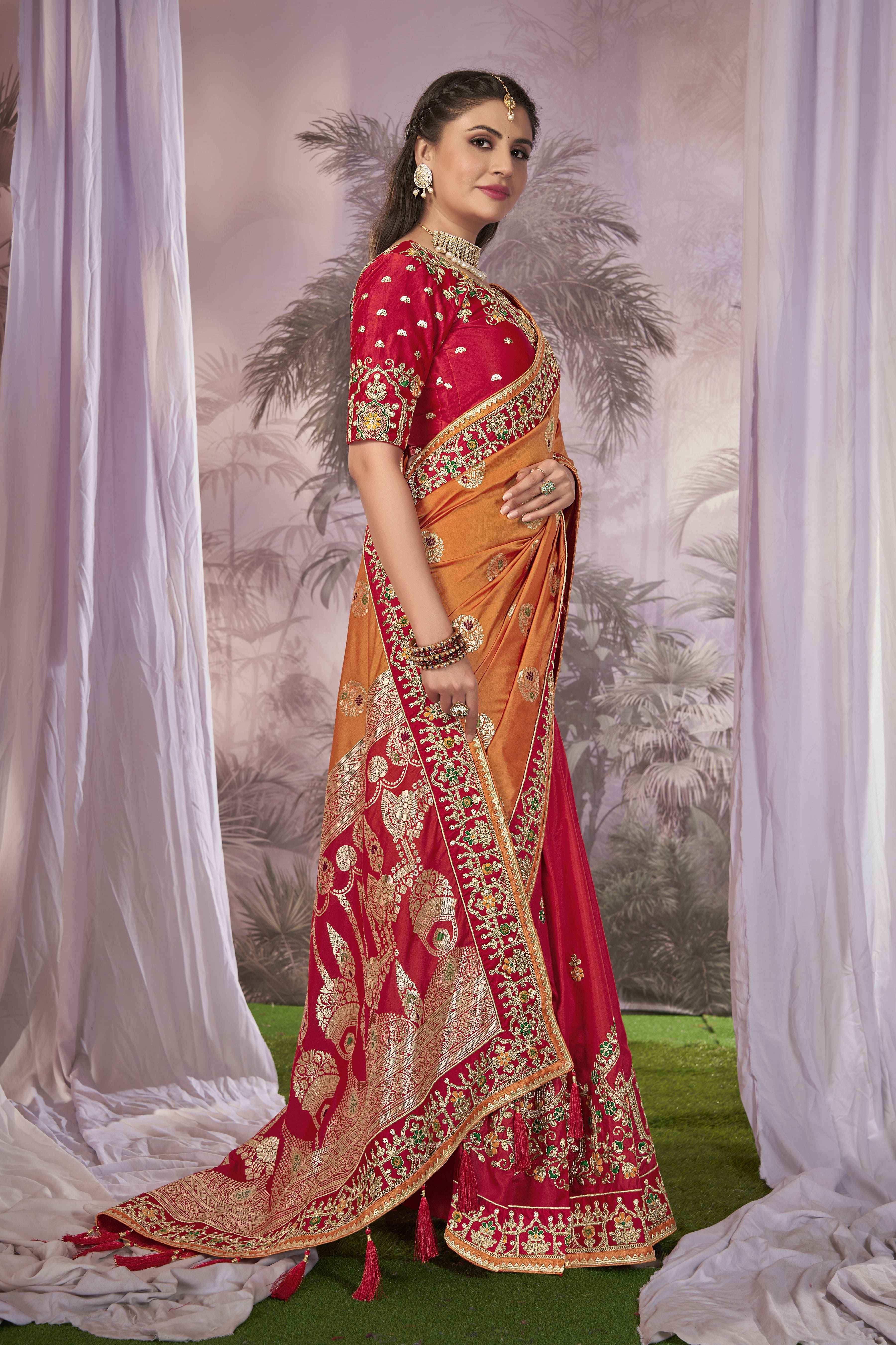 MANOHARI Banarasi Silk Blend Jacquard Work Saree - Orange - Dista