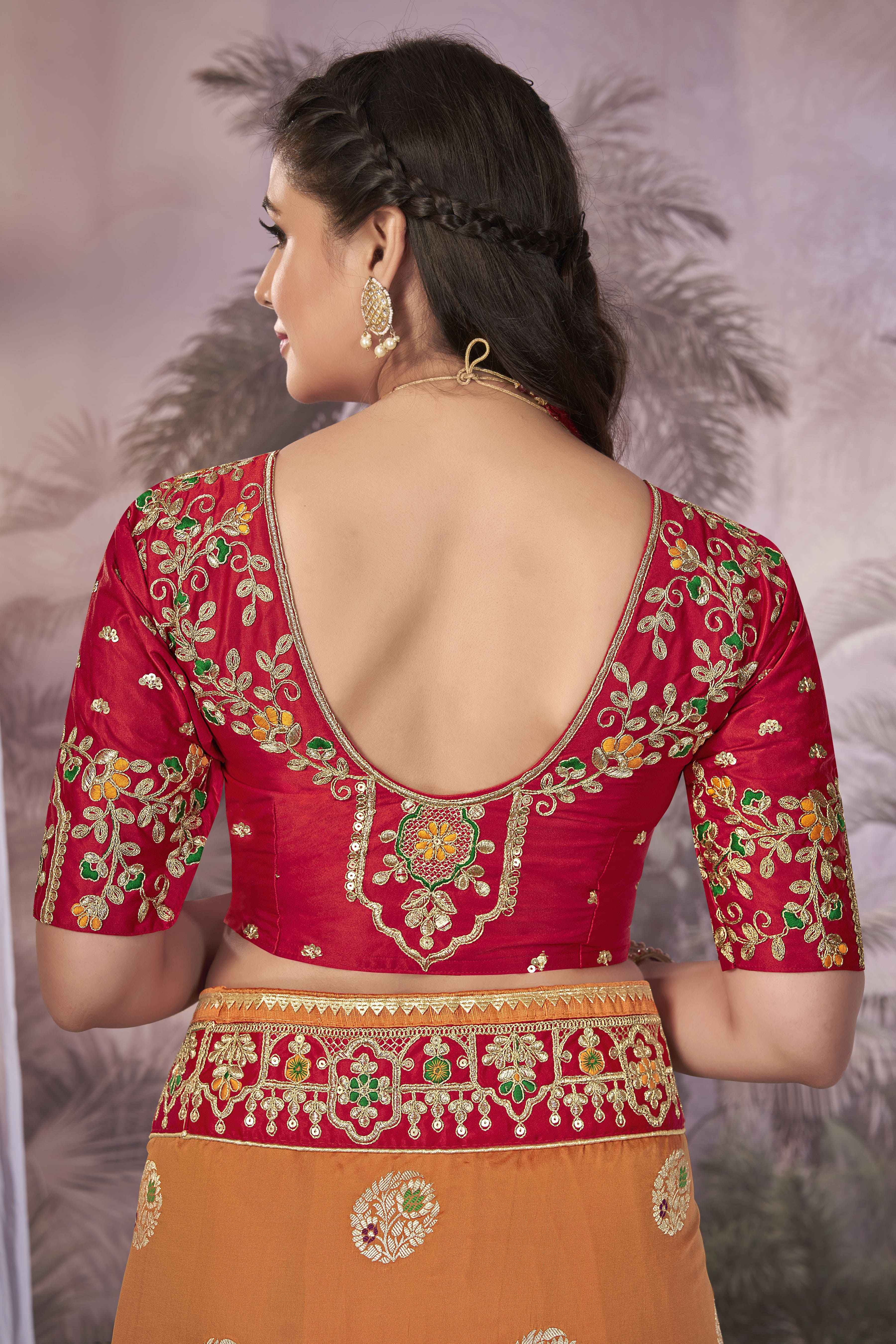 MANOHARI Banarasi Silk Blend Jacquard Work Saree - Orange - Dista