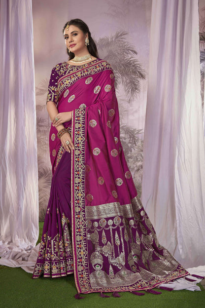 MANOHARI Banarasi Silk Blend Jacquard Work Saree - Pink - Dista