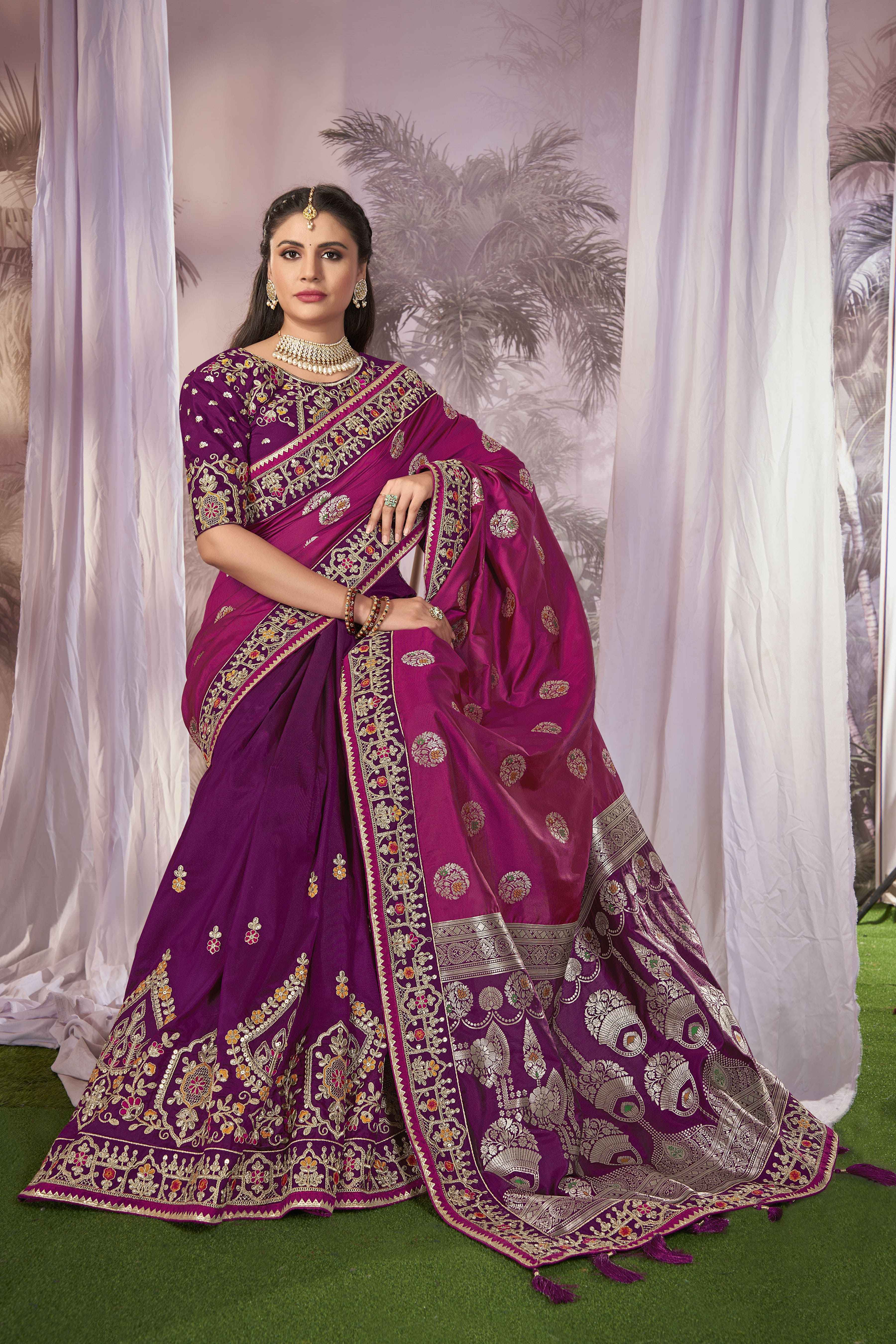 MANOHARI Banarasi Silk Blend Jacquard Work Saree - Pink - Dista