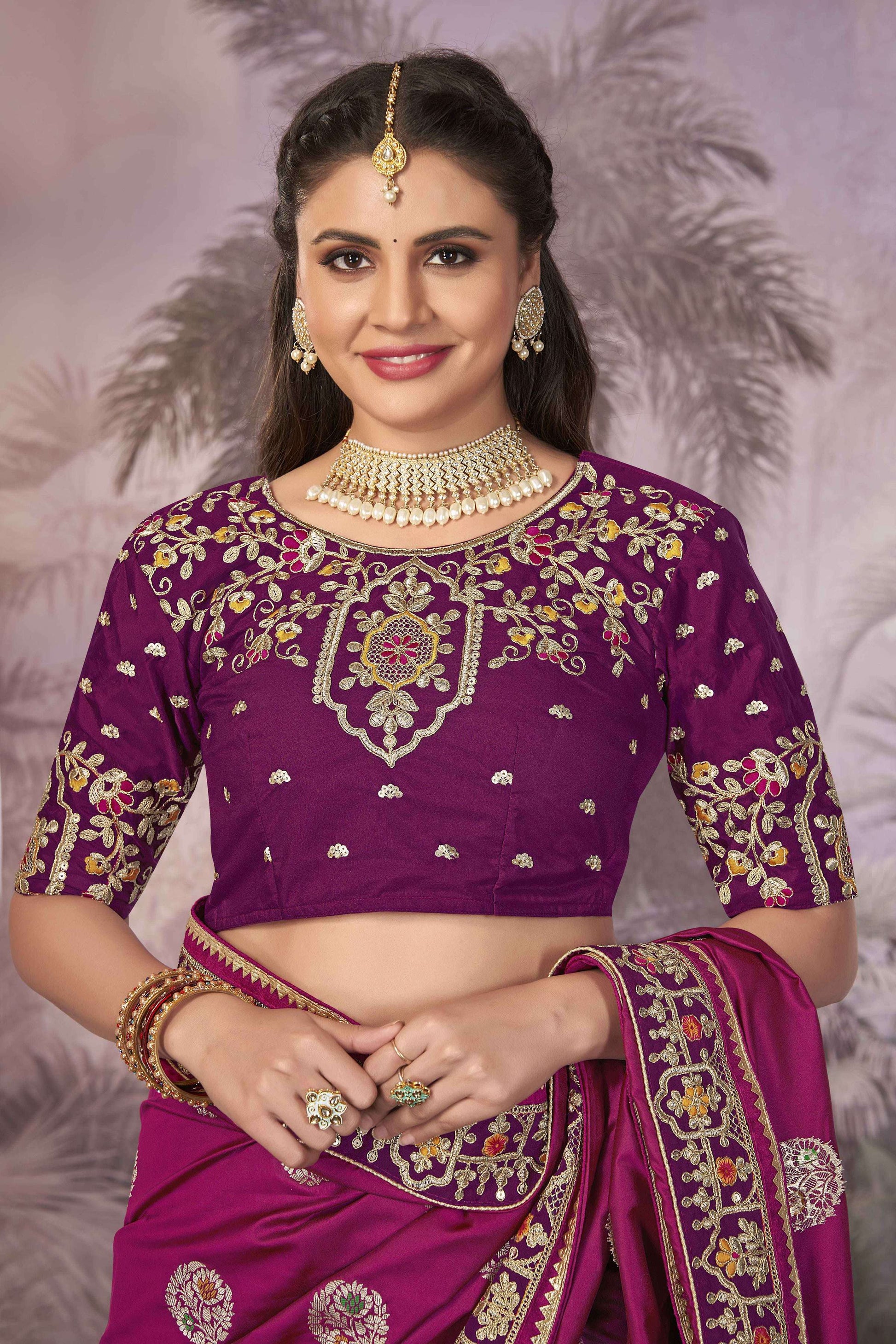 MANOHARI Banarasi Silk Blend Jacquard Work Saree - Pink - Dista