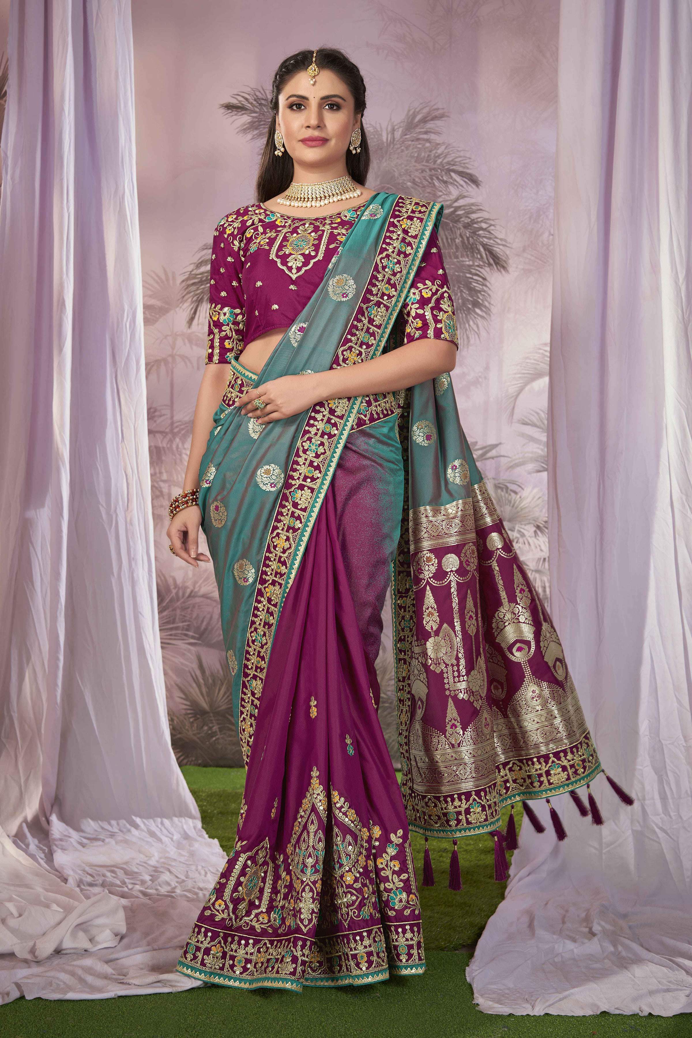 MANOHARI Banarasi Silk Blend Jacquard Work Saree - Blue - Dista