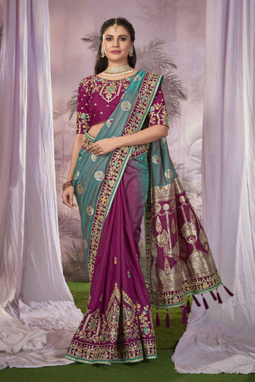 MANOHARI Banarasi Silk Blend Jacquard Work Saree - Blue - Dista