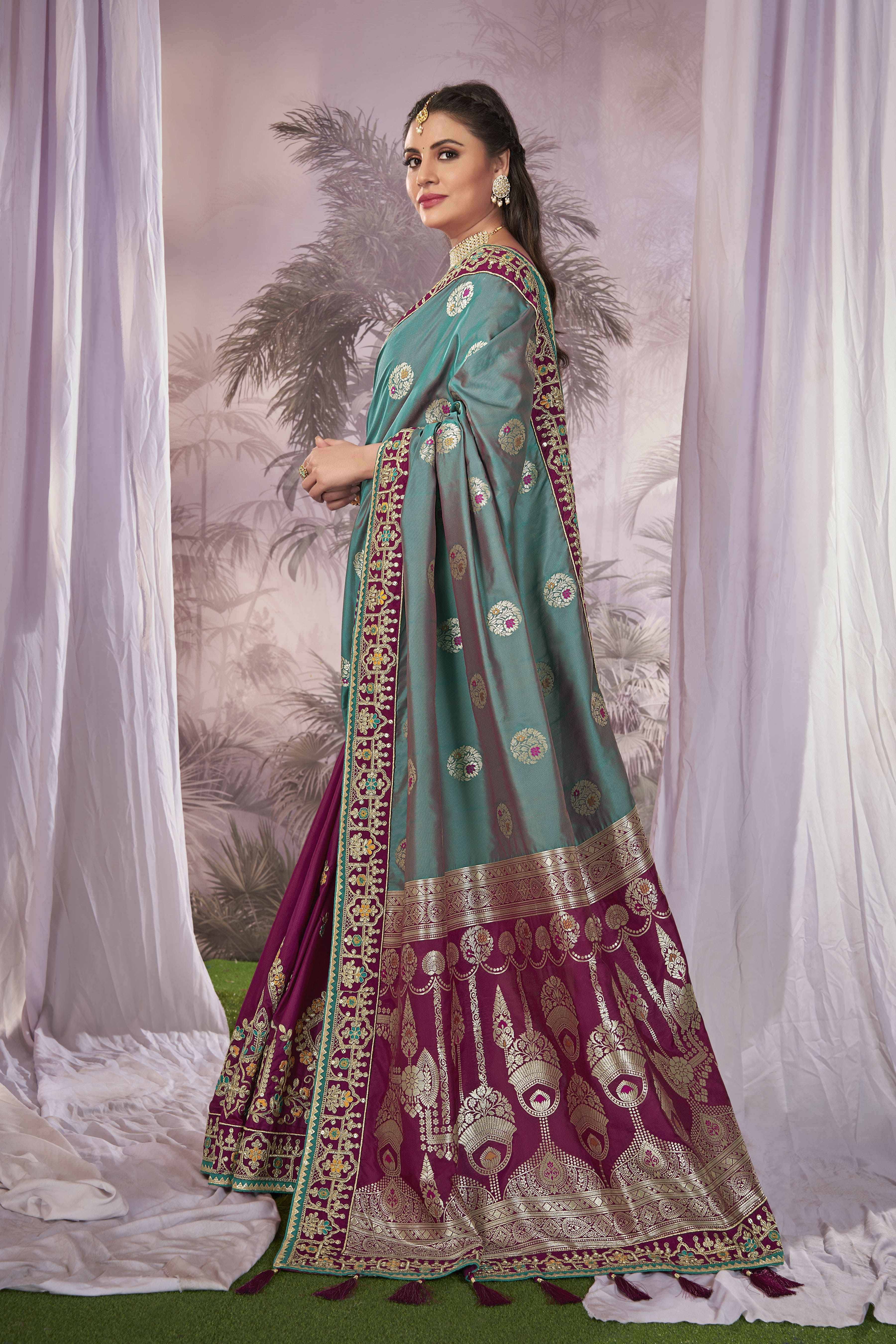 MANOHARI Banarasi Silk Blend Jacquard Work Saree - Blue - Dista
