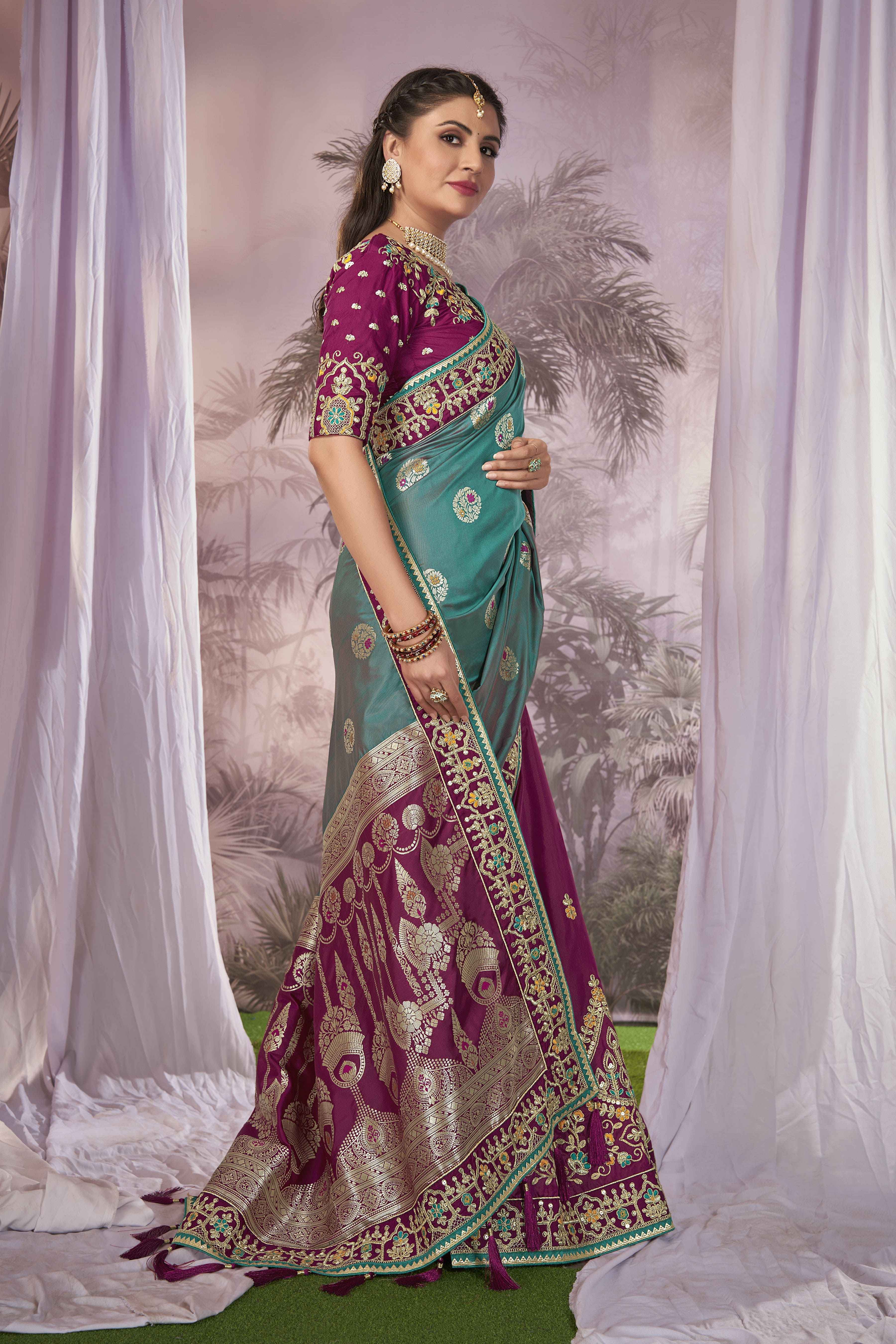 MANOHARI Banarasi Silk Blend Jacquard Work Saree - Blue - Dista