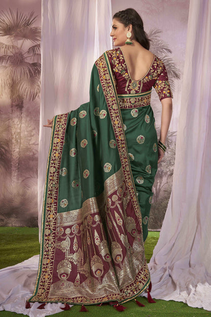 MANOHARI Banarasi Silk Blend Jacquard Work Saree - Green - Dista
