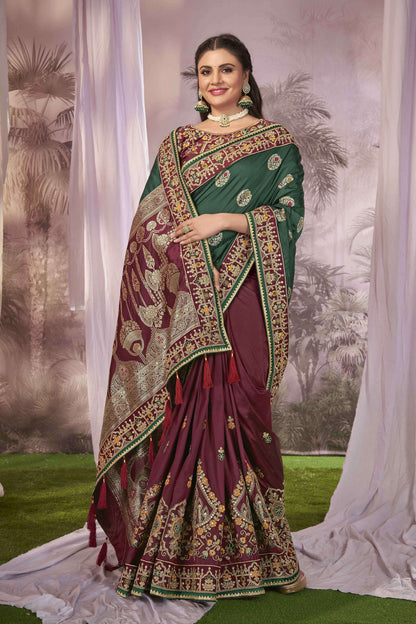 MANOHARI Banarasi Silk Blend Jacquard Work Saree - Green - Dista