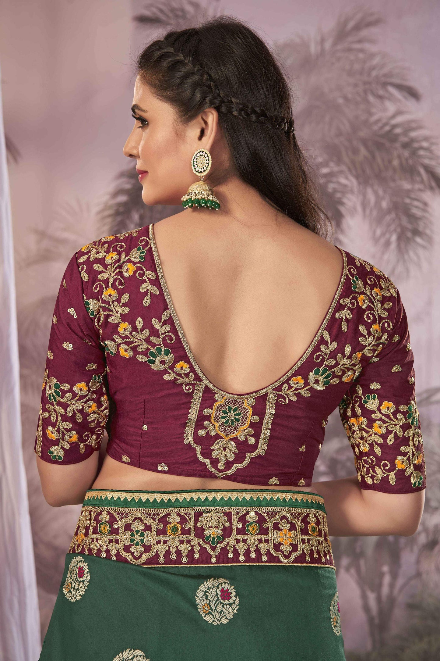 MANOHARI Banarasi Silk Blend Jacquard Work Saree - Green - Dista