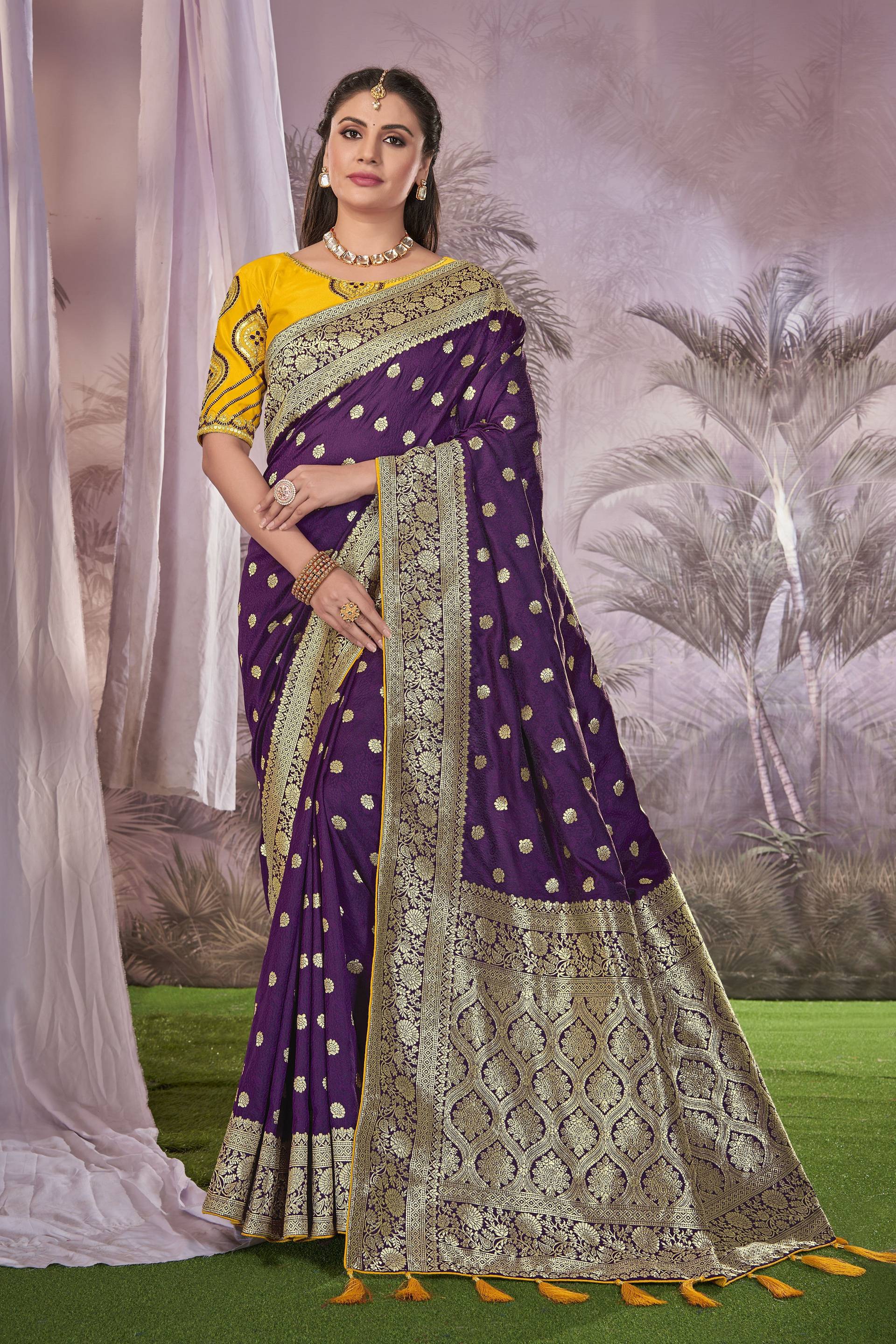 MANOHARI Banarasi Silk Blend Jacquard Work Saree - Purple - Dista