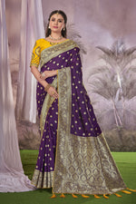 Thumbnail for MANOHARI Banarasi Silk Blend Jacquard Work Saree - Purple - Dista