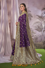 Thumbnail for MANOHARI Banarasi Silk Blend Jacquard Work Saree - Purple - Dista