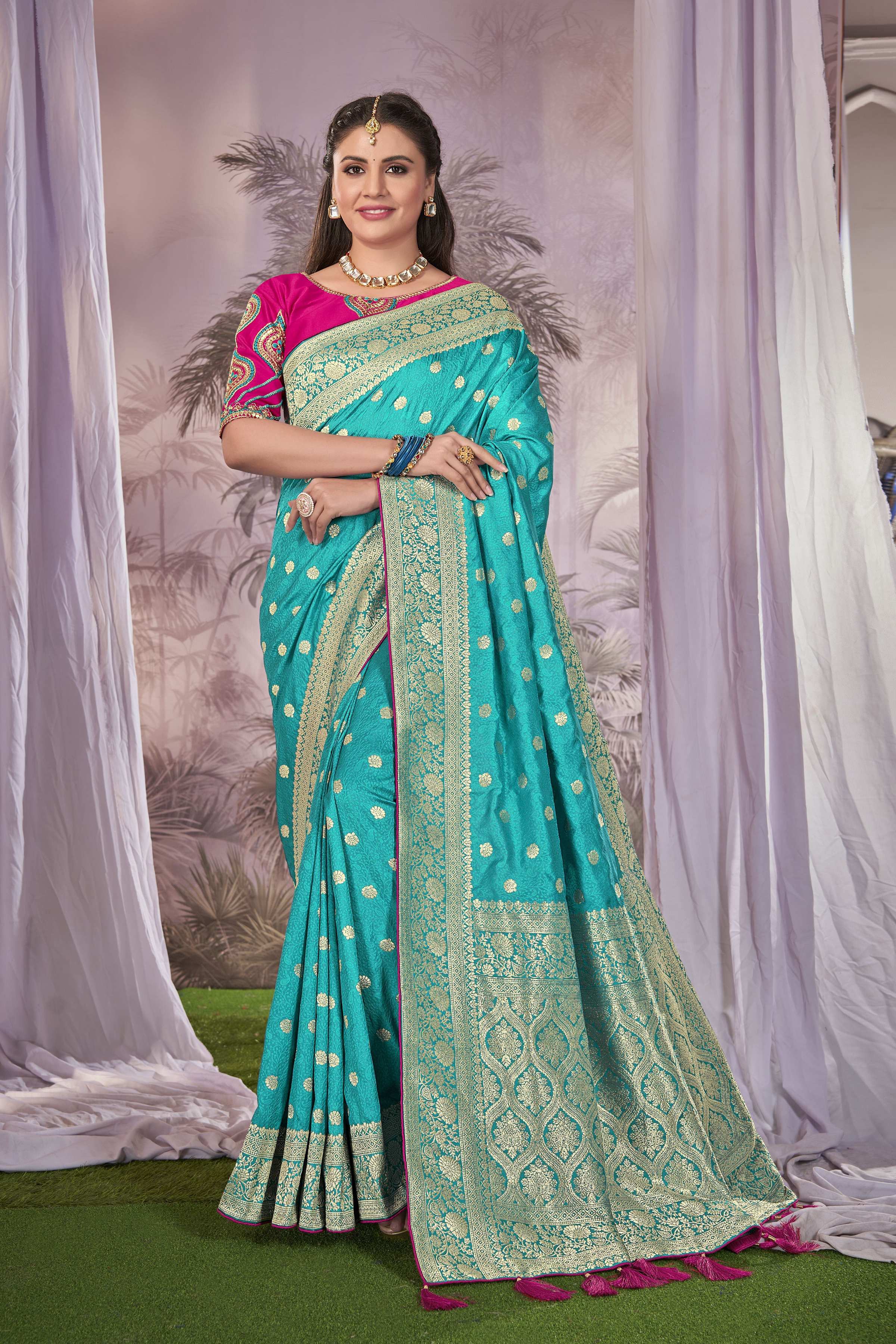 MANOHARI Banarasi Silk Blend Jacquard Work Saree - Blue - Dista
