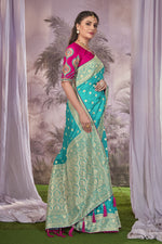 Thumbnail for MANOHARI Banarasi Silk Blend Jacquard Work Saree - Blue - Dista