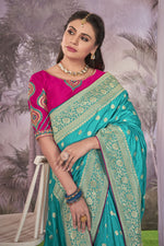 Thumbnail for MANOHARI Banarasi Silk Blend Jacquard Work Saree - Blue - Dista