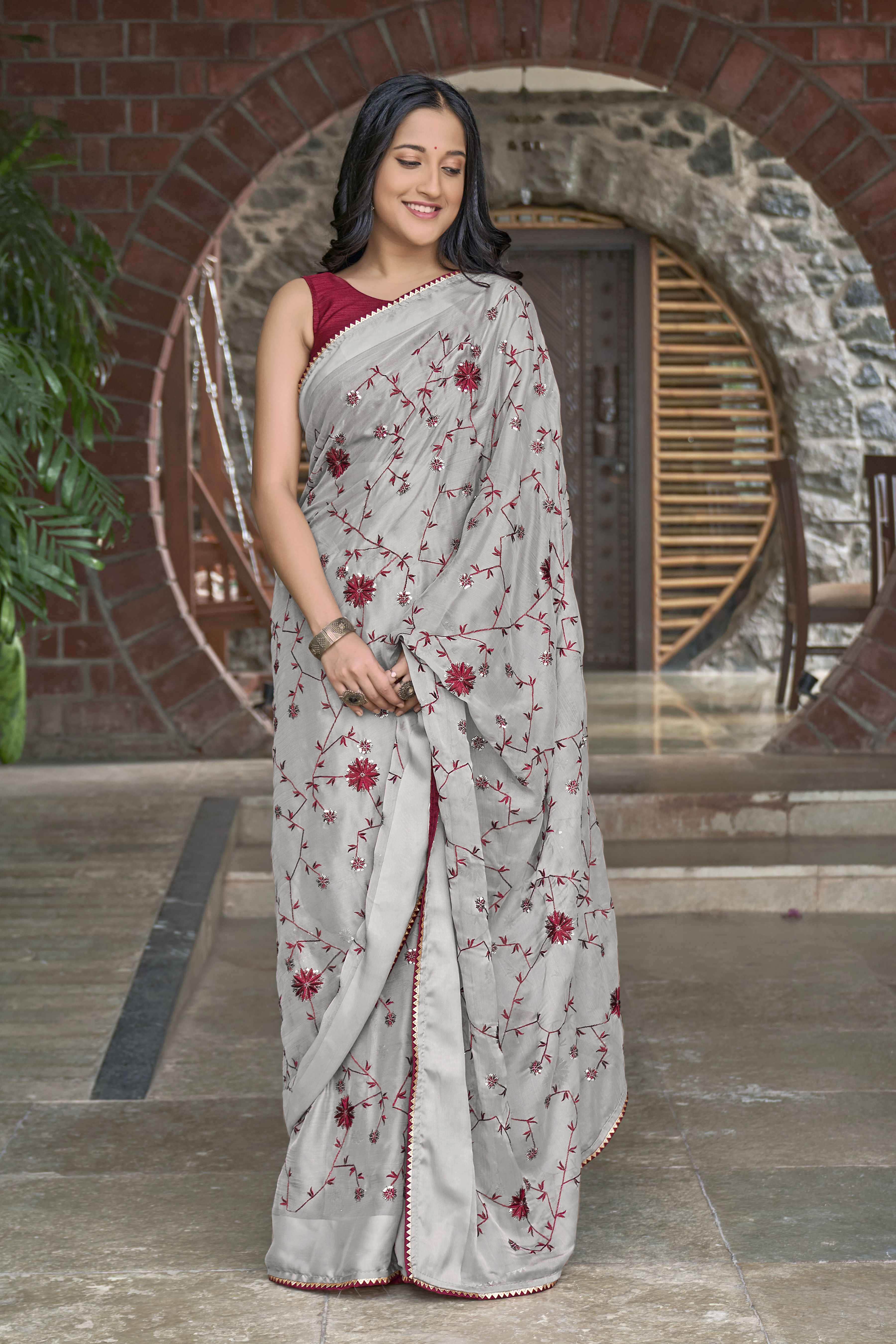 MANOHARI Georgette Embroidered Work Saree - Grey - Dista