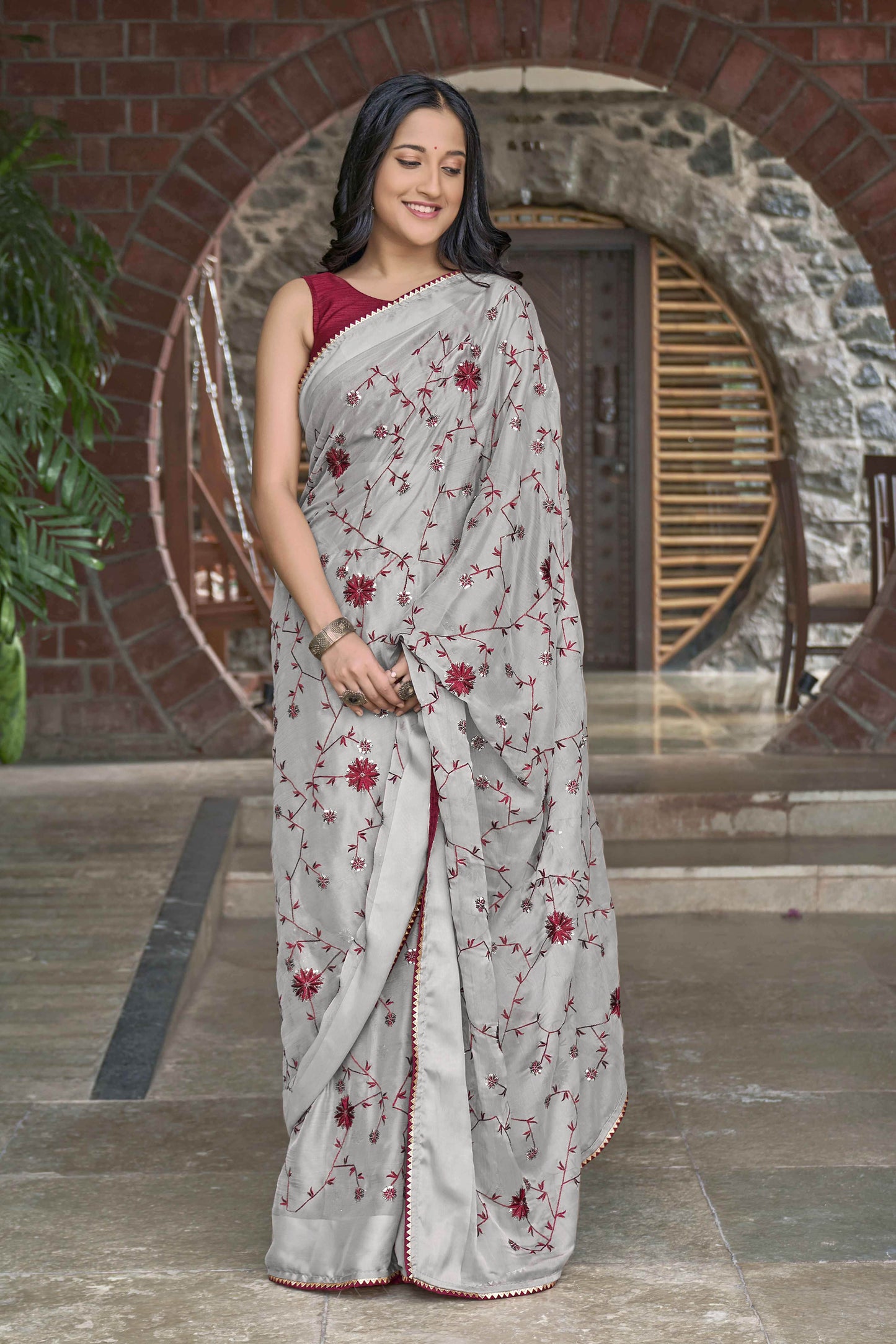MANOHARI Georgette Embroidered Work Saree - Grey - Dista