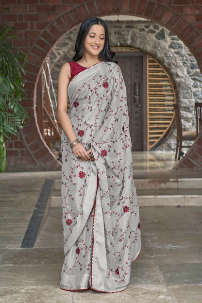 MANOHARI Georgette Embroidered Work Saree - Grey - Dista