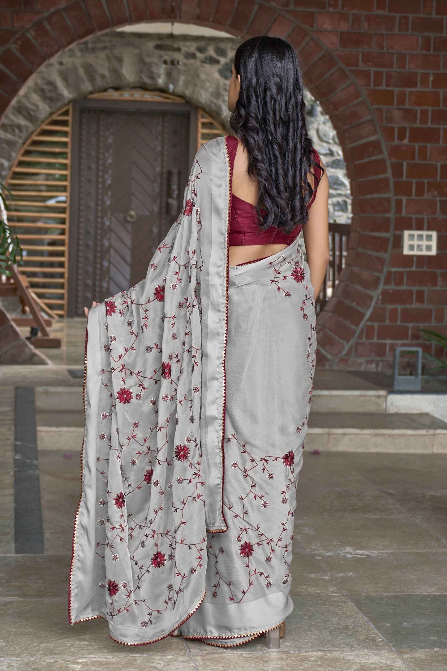 MANOHARI Georgette Embroidered Work Saree - Grey - Dista