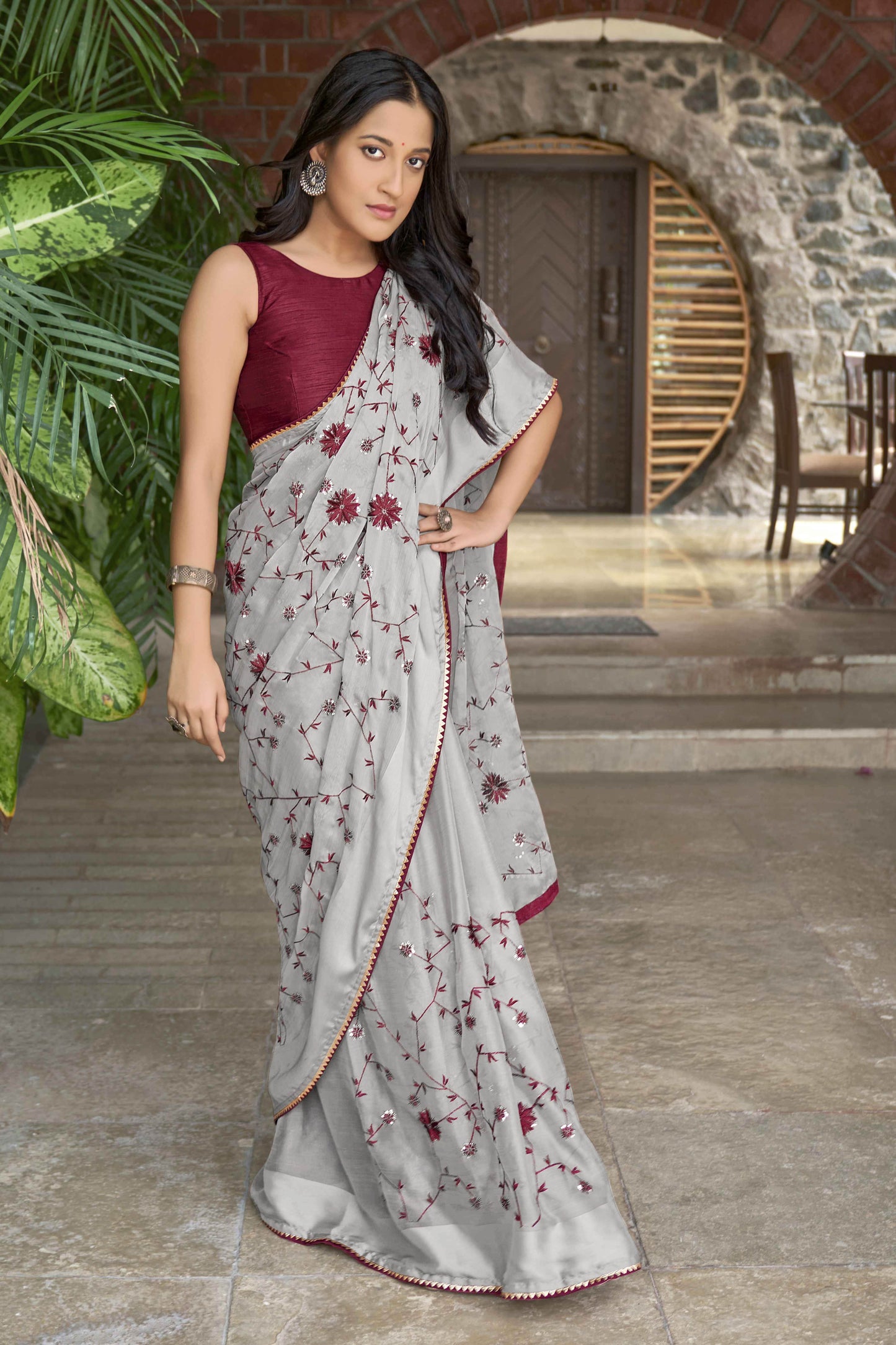 MANOHARI Georgette Embroidered Work Saree - Grey - Dista