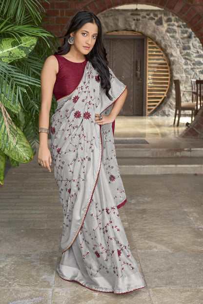 MANOHARI Georgette Embroidered Work Saree - Grey - Dista