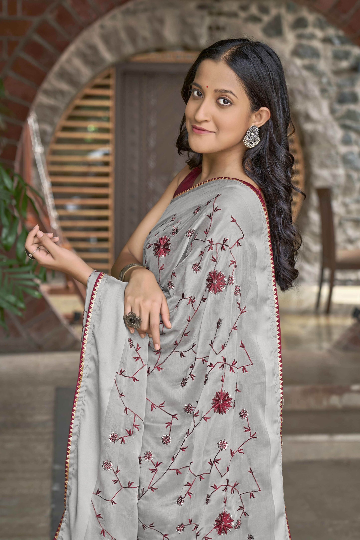 MANOHARI Georgette Embroidered Work Saree - Grey - Dista