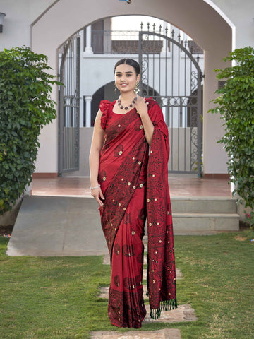 MANOHARI Banarasi Silk Blend Jacquard Work Saree - Red - Dista
